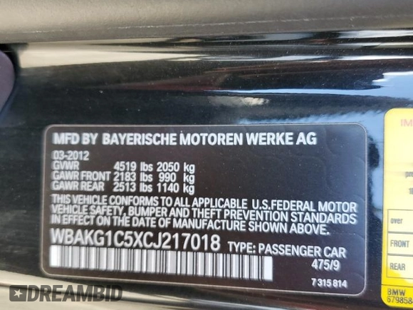 2012 BMW 3 Series 335is with VIN WBAKG1C5XCJ217018, listed as a Copart auction lot 46566545 with 57,465 mi miles and Salvage title. Bid and sale history available at DreamBid. Image 15.
