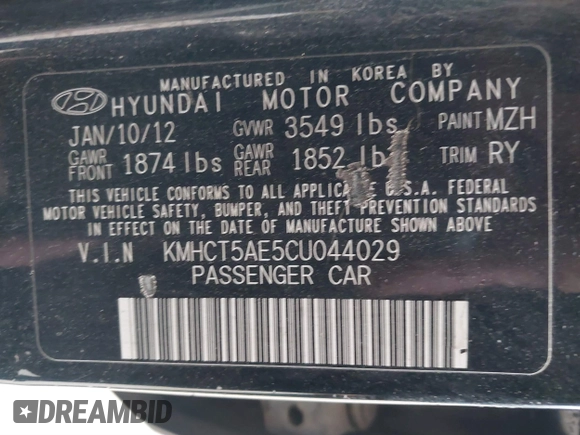 2012 Hyundai Accent GS with VIN KMHCT5AE5CU044029, listed as a IAAI auction lot 40424151 with 139,022 mi miles and . Bid and sale history available at DreamBid. Image 9.