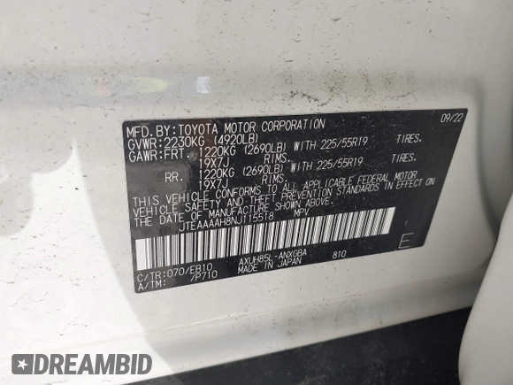 2022 Toyota Venza LE with VIN JTEAAAAH8NJ115518, listed as a IAAI auction lot 41758903 with 17,738 mi miles and . Bid and sale history available at DreamBid. Image 9.