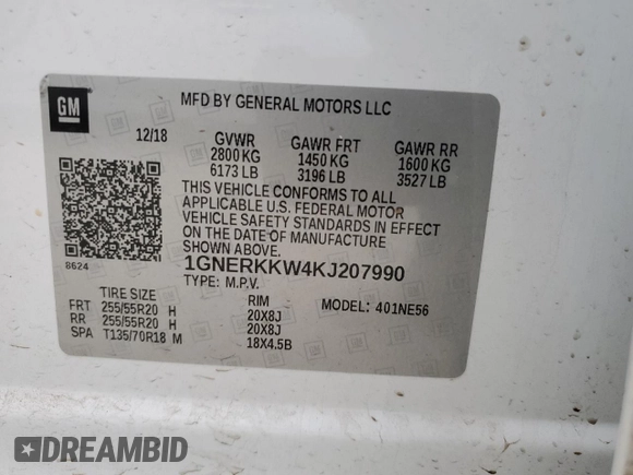 2019 Chevrolet Traverse Premier with VIN 1GNERKKW4KJ207990, listed as a Copart auction lot 44184775 with 116,405 mi miles and Salvage Title. Bid and sale history available at carsss.com. Image 14.