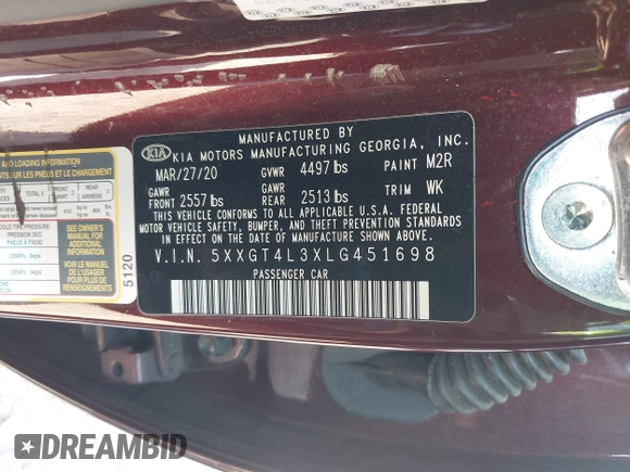 2020 Kia Optima LX with VIN 5XXGT4L3XLG451698, listed as a IAAI auction lot 42031333 with 68,714 mi miles and . Bid and sale history available at DreamBid. Image 9.