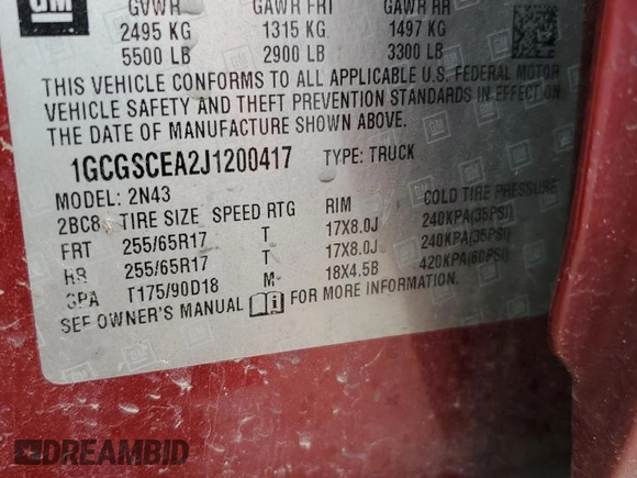 2018 Chevrolet Colorado 2WD LT with VIN 1GCGSCEA2J1200417, listed as a Copart auction lot 44037245 with 108,880 mi miles and Salvage Title. Bid and sale history available at DreamBid. Image 12.