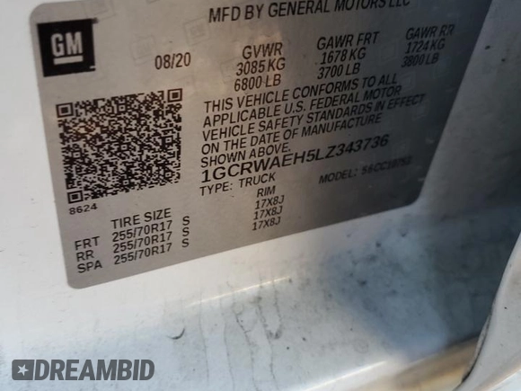 2020 Chevrolet Silverado 1500 Work Truck with VIN 1GCRWAEH5LZ343736, listed as a Copart auction lot 43262435 with 83,090 mi miles and Salvage Title. Bid and sale history available at DreamBid. Image 12.