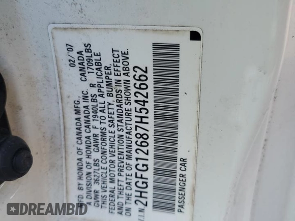 2007 Honda Civic Cpe LX with VIN 2HGFG12687H542662, listed as a Copart auction lot 53691345 with 164,986 mi miles and Salvage Title. Bid and sale history available at carsss.com. Image 12.