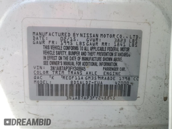 2015 Nissan Sentra SV with VIN 3N1AB7AP3FY248845, listed as a Copart auction lot 54233385 with 132,820 mi miles and Salvage Title. Bid and sale history available at DreamBid. Image 12.