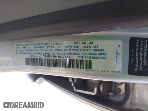 2003 Volkswagen Jetta GL с VIN 3VWRK69M43M175442, выставлен на аукционе IAAI как лот 42106581 с пробегом 107 000 миль миль и . История ставок и продаж доступна на DreamBid. Изображение 9.