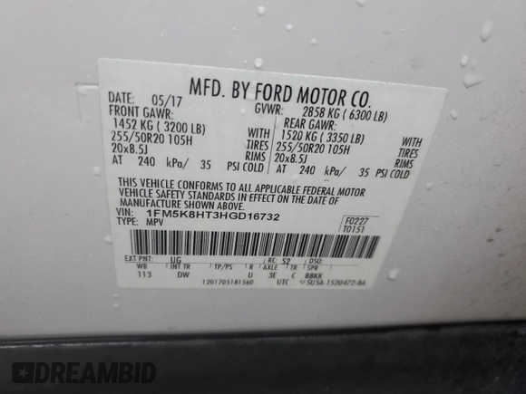 2017 Ford Explorer Platinum с VIN 1FM5K8HT3HGD16732, выставлен на аукционе Copart как лот 44816295 с пробегом 122 412 миль миль и Списание • Salvage title. История ставок и продаж доступна на DreamBid. Изображение 13.