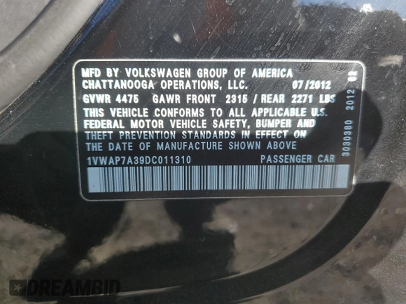 2013 Volkswagen Passat S с VIN 1VWAP7A39DC011310, выставлен на аукционе Copart как лот 46505615 с пробегом 129 523 миль миль и Списание • Salvage title. История ставок и продаж доступна на DreamBid. Изображение 14.