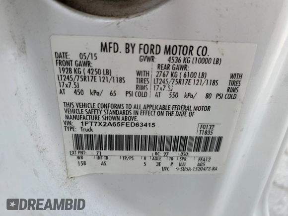 2015 Ford F-250 XLT with VIN 1FT7X2A65FED63415, listed as a Copart auction lot 55132515 with 227,269 mi miles and Salvage title. Bid and sale history available at DreamBid. Image 12.