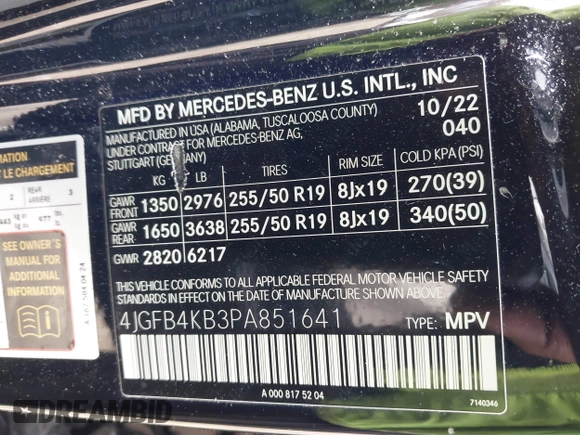 2023 Mercedes-Benz GLE 350 with VIN 4JGFB4KB3PA851641, listed as a IAAI auction lot 42062716 with 72,893 mi miles and . Bid and sale history available at DreamBid. Image 9.