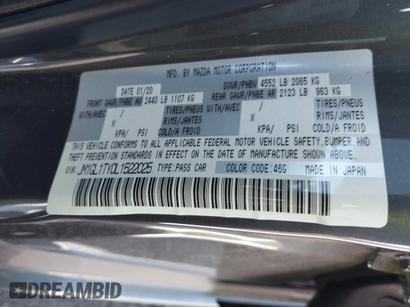 2020 Mazda 6 Grand Touring with VIN JM1GL1TY0L1522025, listed as a IAAI auction lot 41876429 with 68,101 mi miles and . Bid and sale history available at DreamBid. Image 9.