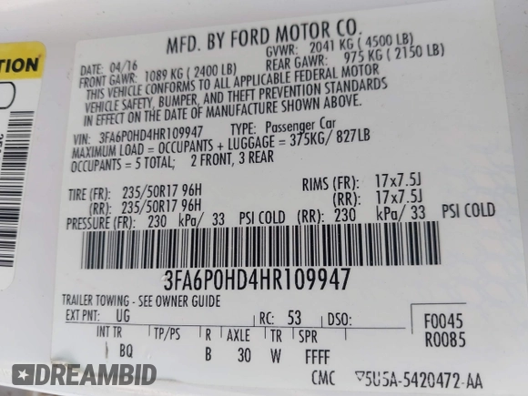 2017 Ford Fusion SE with VIN 3FA6P0HD4HR109947, listed as a IAAI auction lot 42288820 with 103,218 mi miles and . Bid and sale history available at DreamBid. Image 9.