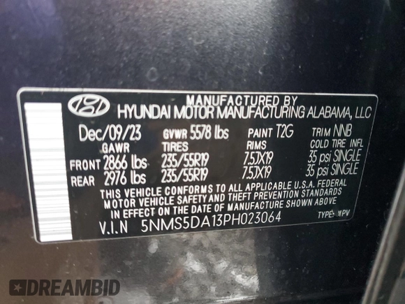 2023 Hyundai Santa Fe Hybrid Limited with VIN 5NMS5DA13PH023064, listed as a Copart auction lot 80770594 with 13,567 mi miles and Salvage Title. Bid and sale history available at carsss.com. Image 14.