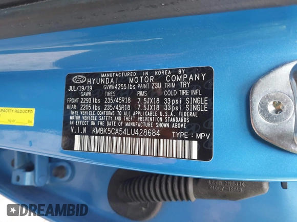 2020 Hyundai Kona Ultimate with VIN KM8K5CA54LU428684, listed as a IAAI auction lot 41723215 with 80,917 mi miles. Bid and sale history available at carsss.com. Image 9.