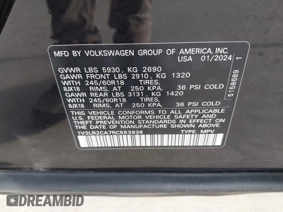 2024 Volkswagen Atlas SE with VIN 1V2LR2CA7RC553936, listed as a IAAI auction lot 40662181 with 4,305 mi miles and . Bid and sale history available at DreamBid. Image 9.