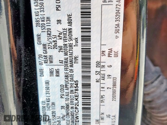 2020 Ford F-150 XL with VIN 1FTEW1CP2LKE78545, listed as a Copart auction lot 59577415 with 110,876 mi miles and Salvage title. Bid and sale history available at DreamBid. Image 12.
