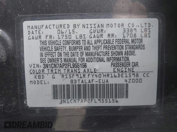 2015 Nissan Versa S Plus with VIN 3N1CN7AP2FL955156, listed as a IAAI auction lot 41554070 with 194,257 mi miles and . Bid and sale history available at DreamBid. Image 9.