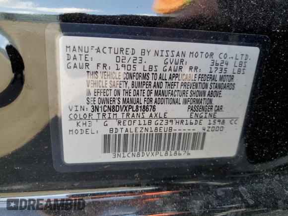 2023 Nissan Versa S с VIN 3N1CN8DVXPL818676, выставлен на аукционе Copart как лот 54084825 с пробегом 35 858 миль миль и На запчасти • Non repairable. История ставок и продаж доступна на DreamBid. Изображение 12.