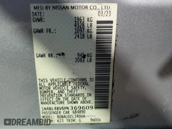2023 Nissan Altima S with VIN 1N4BL4BV6PN369609, listed as a Copart auction lot 52071015 with 76,179 mi miles and Salvage Title. Bid and sale history available at DreamBid. Image 12.
