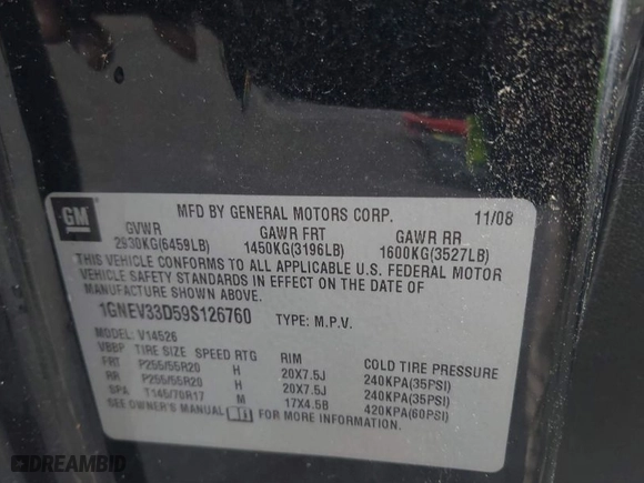 2009 Chevrolet Traverse LTZ with VIN 1GNEV33D59S126760, listed as a IAAI auction lot 41818201 with NaN miles. Bid and sale history available at carsss.com. Image 9.