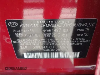 2015 Hyundai Sonata 2.4L SE with VIN 5NPE24AF6FH054876, listed as a IAAI auction lot 41997263 with 192,510 mi miles. Bid and sale history available at carsss.com. Image 9.