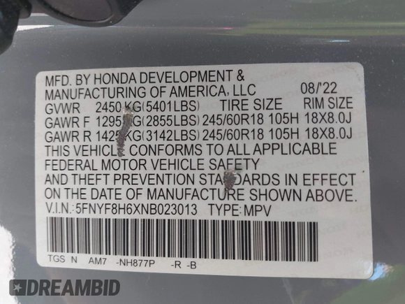 2022 Honda Passport TrailSport with VIN 5FNYF8H6XNB023013, listed as a IAAI auction lot 42274071 with 31,471 mi miles and . Bid and sale history available at DreamBid. Image 9.