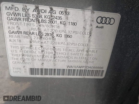 2013 Audi Q5 Premium Plus z VIN WA1LFAFP7DA099996, wystawiony jako IAAI lot #42495065 z przebiegiem Nie podano mil oraz . Historia ofert i sprzedaży dostępna na DreamBid. Obrazek 9.