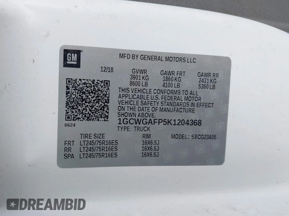 2019 Chevrolet Express Cargo with VIN 1GCWGAFP5K1204368, listed as a IAAI auction lot 41532048 with 121,630 mi miles and . Bid and sale history available at DreamBid. Image 9.