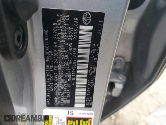 2020 Toyota Camry LE with VIN 4T1L11AK6LU337460, listed as a Copart auction lot 48389195 with 110,684 mi miles and Salvage Title. Bid and sale history available at carsss.com. Image 14.