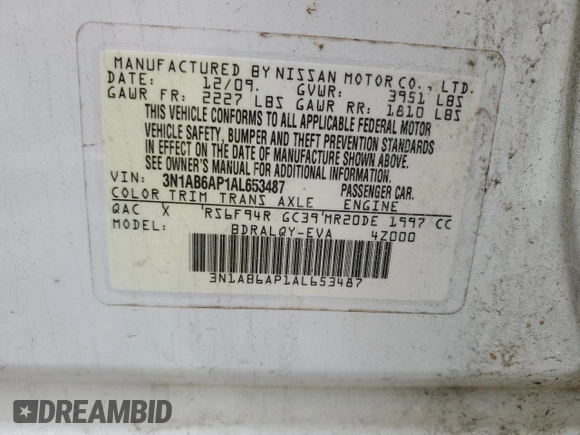 2010 Nissan Sentra S с VIN 3N1AB6AP1AL653487, выставлен на аукционе Copart как лот 59007685 с пробегом 166 610 миль миль и Списание • Salvage title. История ставок и продаж доступна на DreamBid. Изображение 13.
