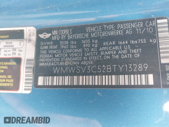 2011 MINI Hardtop S with VIN WMWSV3C52BTY13289, listed as a IAAI auction lot 42648086 with Not provided miles and . Bid and sale history available at DreamBid. Image 9.