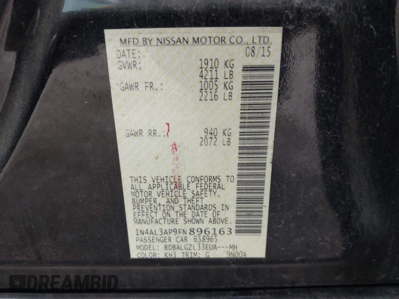 2015 Nissan Altima S with VIN 1N4AL3AP9FN896163, listed as a IAAI auction lot 41937835 with 160,093 mi miles and . Bid and sale history available at DreamBid. Image 9.
