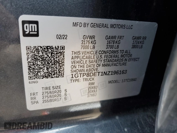 2022 GMC Sierra 1500 with VIN 1GTP8DET1NZ196163, listed as a Copart auction lot 83798824 with 74,828 mi miles and Salvage Title. Bid and sale history available at DreamBid. Image 13.