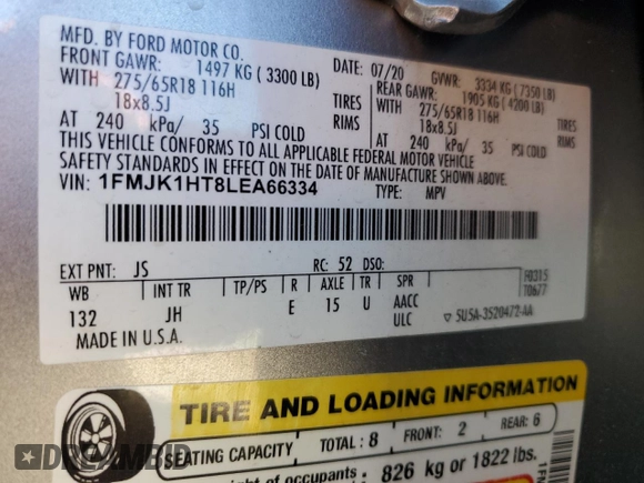 2020 Ford Expedition Max XLT with VIN 1FMJK1HT8LEA66334, listed as a Copart auction lot 49854345 with Not Provided miles and Non Repairable. Bid and sale history available at DreamBid. Image 15.