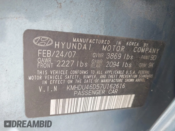 2007 Hyundai Elantra GLS z VIN KMHDU46D57U162616, wystawiony jako IAAI lot #42467244 z przebiegiem 78 434 mil mil oraz . Historia ofert i sprzedaży dostępna na DreamBid. Obrazek 9.