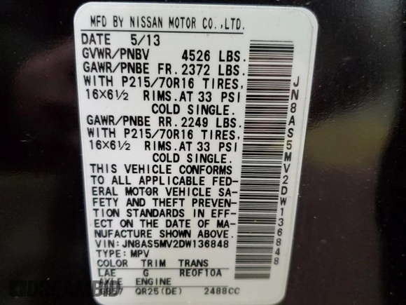 2013 Nissan Rogue S with VIN JN8AS5MV2DW136848, listed as a Copart auction lot 41373015 with 72,813 mi miles and Salvage Title. Bid and sale history available at DreamBid. Image 13.