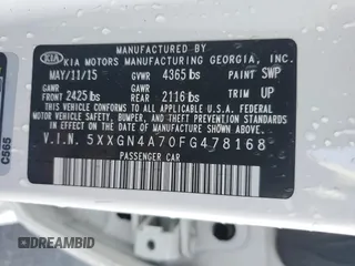 2015 Kia Optima EX with VIN 5XXGN4A70FG478168, listed as a Copart auction lot 51383865 with 108,050 mi miles and Salvage Title. Bid and sale history available at carsss.com. Image 12.