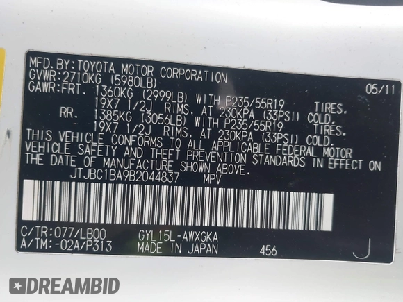 2011 Lexus RX with VIN JTJBC1BA9B2044837, listed as a IAAI auction lot 41465518 with 148,871 mi miles. Bid and sale history available at carsss.com. Image 9.