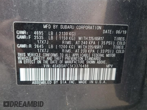 2019 Subaru Outback Premium with VIN 4S4BSAFC5K3376488, listed as a Copart auction lot 60684205 with 56,831 mi miles and Salvage title. Bid and sale history available at DreamBid. Image 13.