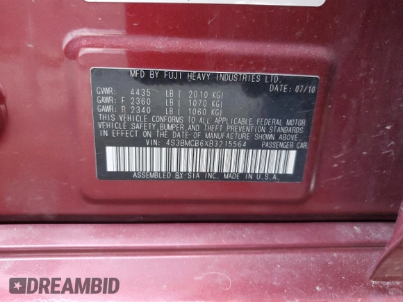 2011 Subaru Legacy Prem с VIN 4S3BMCB6XB3215564, выставлен на аукционе Copart как лот 63462935 с пробегом 163 844 миль миль и На запчасти • Non repairable. История ставок и продаж доступна на DreamBid. Изображение 12.