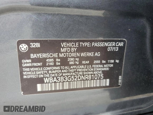2013 BMW 3 Series 328i xDrive with VIN WBA3B3G52DNR81075, listed as a Copart auction lot 79282094 with 106,307 mi miles and Salvage Title. Bid and sale history available at carsss.com. Image 12.