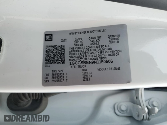 2022 Chevrolet Colorado 2WD Work Truck with VIN 1GCGSBEN9N1150506, listed as a Copart auction lot 46580195 with 43,610 mi miles and Salvage title. Bid and sale history available at DreamBid. Image 12.