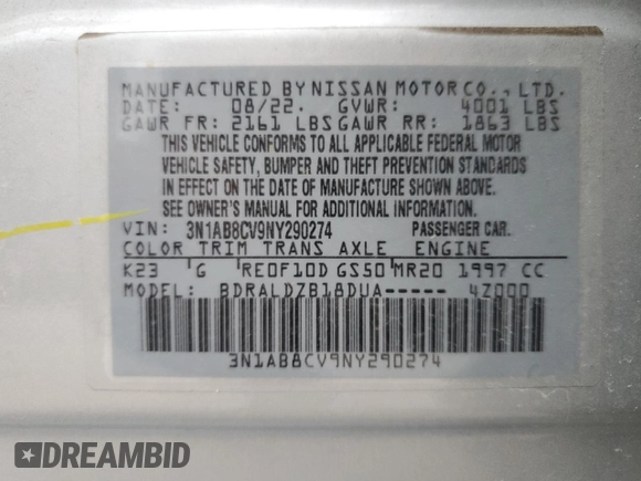 2022 Nissan Sentra SV with VIN 3N1AB8CV9NY290274, listed as a Copart auction lot 55827375 with 53,060 mi miles and Salvage Title. Bid and sale history available at DreamBid. Image 12.