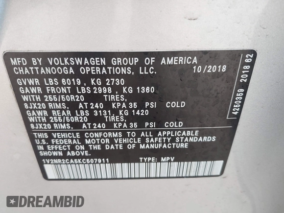 2019 Volkswagen Atlas SEL Premium with VIN 1V2NR2CA5KC507911, listed as a IAAI auction lot 41806967 with 70,618 mi miles and . Bid and sale history available at DreamBid. Image 9.