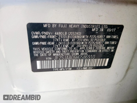 2017 Subaru Forester with VIN JF2SJAAC6HG586910, listed as a Copart auction lot 60804665 with 76,697 mi miles and Clean title. Bid and sale history available at DreamBid. Image 13.