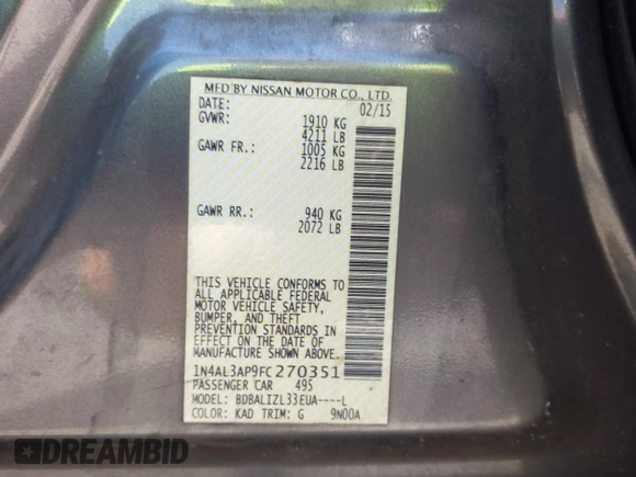 2015 Nissan Altima SV with VIN 1N4AL3AP9FC270351, listed as a IAAI auction lot 42033044 with 165,707 mi miles and . Bid and sale history available at DreamBid. Image 9.