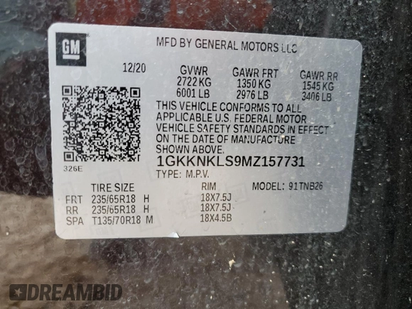 2021 GMC Acadia SLE with VIN 1GKKNKLS9MZ157731, listed as a Copart auction lot 41391635 with 64,347 mi miles and Salvage Title. Bid and sale history available at DreamBid. Image 13.