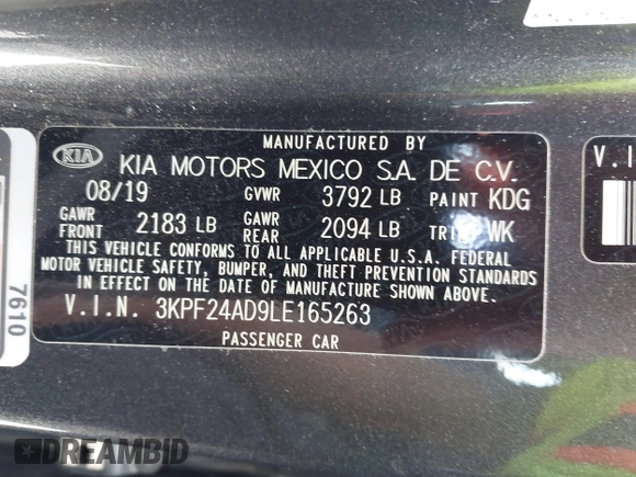 2020 Kia Forte LXS with VIN 3KPF24AD9LE165263, listed as a IAAI auction lot 41808794 with 71,217 mi miles. Bid and sale history available at carsss.com. Image 9.
