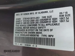 2019 Honda Odyssey Touring with VIN 5FNRL6H81KB038790, listed as a IAAI auction lot 42200190 with 131,761 mi miles and . Bid and sale history available at DreamBid. Image 9.