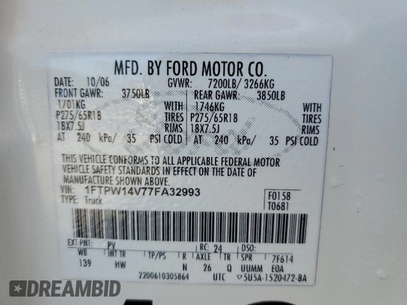 2007 Ford F-150 XLT with VIN 1FTPW14V77FA32993, listed as a Copart auction lot 55674595 with 288,892 mi miles and Salvage title. Bid and sale history available at DreamBid. Image 12.